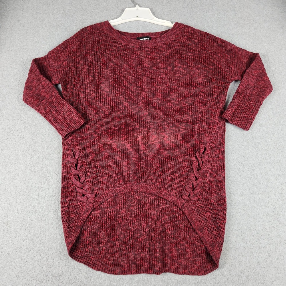 Express Tunic Sweater Womens Small Burgundy Knit Marled Lace Up Side H Low Hem